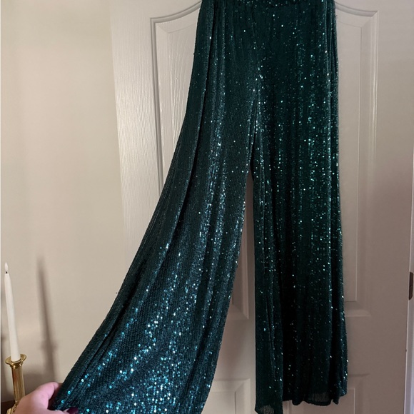 Lulu's Green Sequin Wide Leg Pants - Picture 2 of 3
